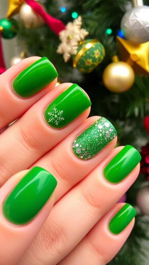 Close-up of green Christmas nail art with glitter and festive designs.